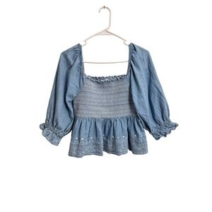 American Eagle Blue Denim Smocked Peplum Top Embroidered Puff Sleeve Womens M